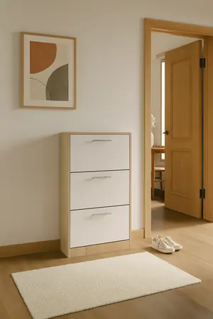 Pantofar Arezzo cu trei sertare, stejar alb si alb, 63x24x117 cm