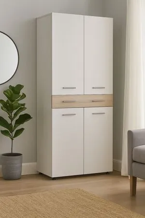 Dulap sau pantofar Zaragosa, stejar alb si alb, 90x35x195 cm