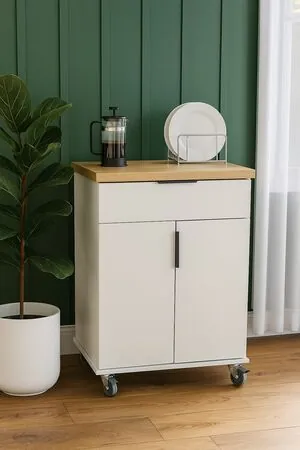 Carucior de bucatarie/insula cu sertar si rafturi, 66x46x93, alb, UnicSpot,