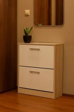 Pantofar Ancona cu doua sertare, stejar alb si alb, 63x24x81.5 cm