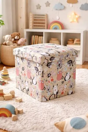 Taburet cu spatiu depozitare Cats, multicolor, 38x38x37.5 cm