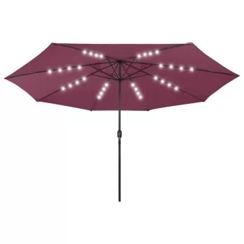 Umbrelă soare exterior, LED-uri & stâlp metal roșu bordo 400 cm