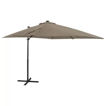 Umbrelă suspendată cu stâlp și LED-uri, gri taupe, 250 cm