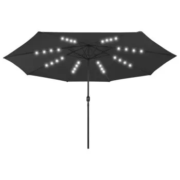 Umbrelă de soare exterior, LED-uri & stâlp metal, negru, 400 cm