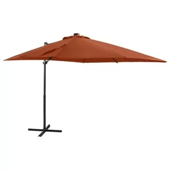 Umbrelă suspendată cu stâlp și LED-uri, cărămiziu, 250 cm