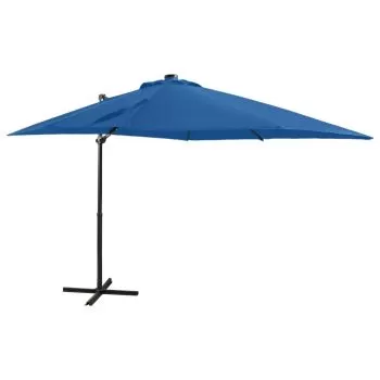 Umbrelă suspendată cu stâlp și LED-uri, albastru azuriu, 250 cm