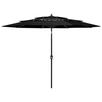 Umbrelă de soare 3 niveluri, stâlp de aluminiu, negru, 3 m
