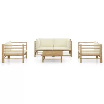 Set mobilier de grădină, 5 piese, perne alb crem, bambus