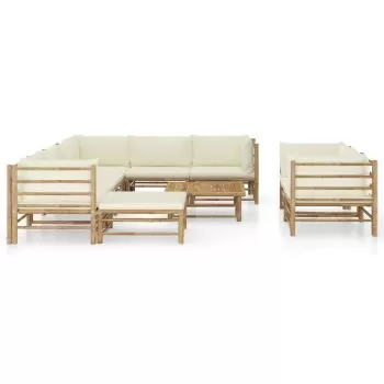 Set mobilier de grădină, 10 piese, perne alb crem, bambus