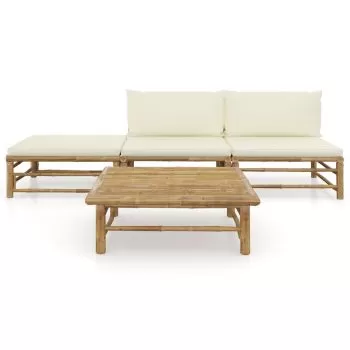 Set mobilier de grădină, 4 piese, perne alb crem, bambus