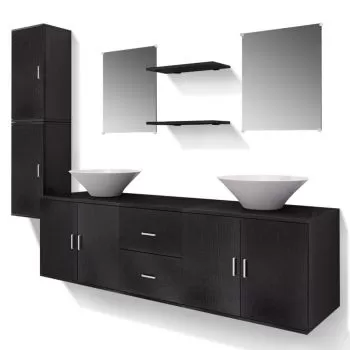 Set mobilier baie format din 9 piese cu chiuvete incluse, negru