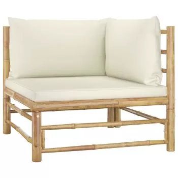 Set mobilier de grădină, 2 piese, perne alb crem, bambus