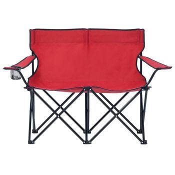 Scaun de camping pliabil, 2 locuri, roșu, oțel și textil