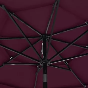 Umbrelă de soare 3 niveluri, stâlp aluminiu, roșu bordo, 3 m
