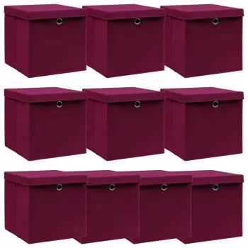Cutii depozitare cu capac 10 buc. rosu inchis 32x32x32cm textil, rosu