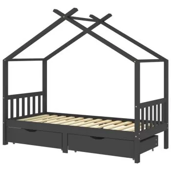 Cadru pat copii cu sertare gri inchis lemn masiv pin, gri închis, 90 x 200 cm
