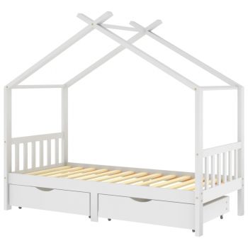 Cadru de pat copii, cu sertare, alb, 90x200 cm, lemn masiv pin