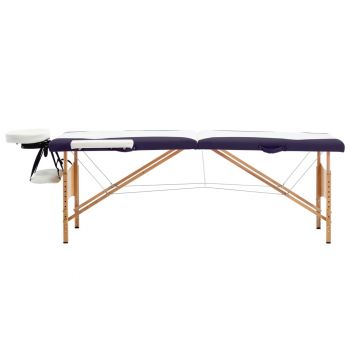 Masă de masaj pliabilă, 2 zone, alb și violet, lemn