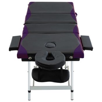 Masă pliabilă de masaj, 4 zone, aluminiu, negru și violet