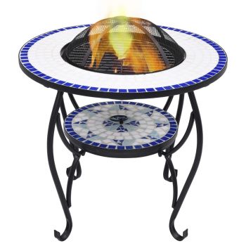 Masă cu vatră de foc, mozaic, albastru și alb, 68 cm, ceramică