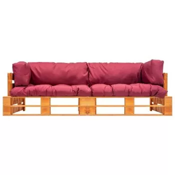 Set canapea gradina paleti cu perne rosii, 2 piese, maro si rosu, 220 x 66 x 65 cm