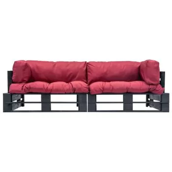 Set canapea gradina paleti perne rosii, 2 piese, negru si rosu, 220 x 66 x 65 cm