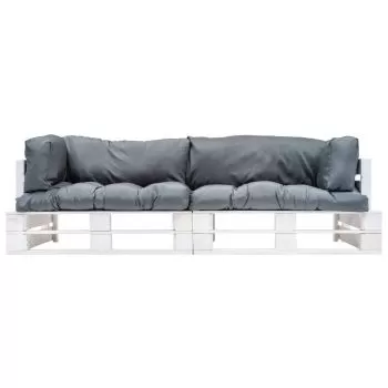 Set canapea gradina paleti perne gri, 2 piese, alb si gri, 220 x 66 x 65 cm