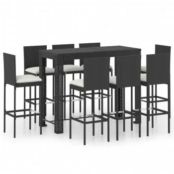 Set mobilier bar de exterior cu perne crem, 9 piese, negru,140 cm