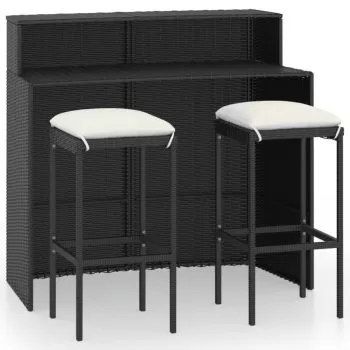 Set mobilier bar de gradina cu perne, 3 piese, negru