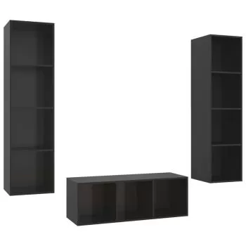 Set de dulapuri TV, 3 piese, negru lucios, 37 x 37 x 142.5 cm