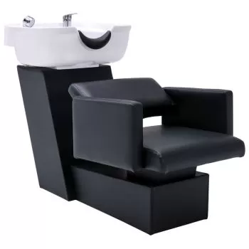 Unitate de șamponare cu scaun negru de salon, piele ecologică, cu lavoar alb