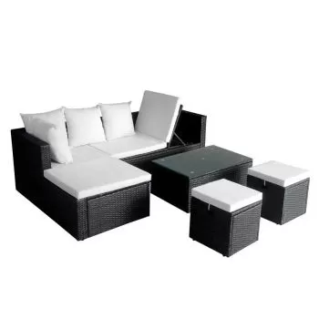 Set mobilier de gradina cu perne, 4 piese, alb si negru