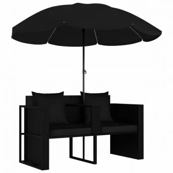 Pat de gradina cu umbrela de soare, negru, 130 x 58 x 77 cm