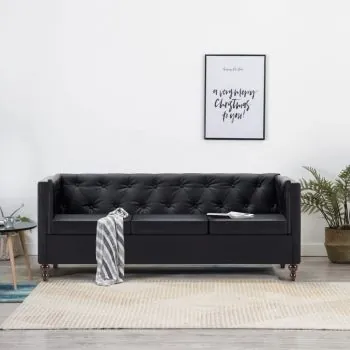 Canapea Chesterfield cu 3 locuri, negru, 176 x 68 x 70 cm