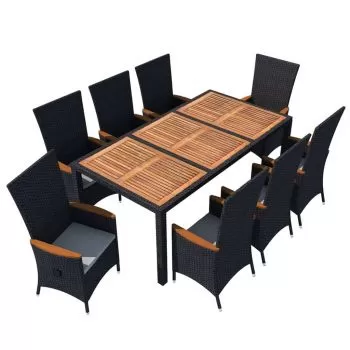 Set mobilier de exterior 9 piese negru poliratan lemn de acacia, negru