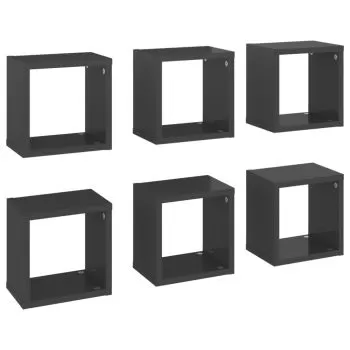 Set 6 bucati raft de perete cub, gri lucios, 22 x 15 x 22 cm