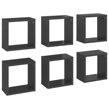 Set 6 bucati raft de perete cub, gri lucios, 26 x 15 x 26 cm