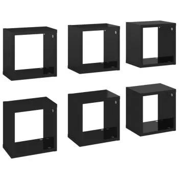 Raft de perete cub, 6 piese, negru lucios, 22 x 15 x 22 cm