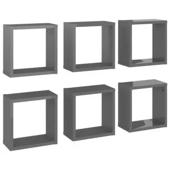 Set 6 bucati raft de perete cub, gri lucios, 30 x 15 x 30 cm