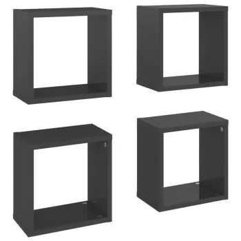 Set 4 bucati rafturi de perete cub, gri lucios, 26 x 15 x 26 cm