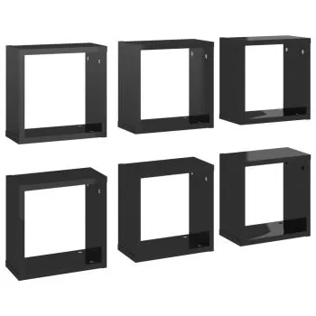 Rafturi de perete cub negru extralucios 6 piese 30x15x30 cm, negru lucios, 30 x 15 x 30 cm