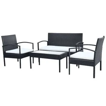  Set mobilier de grădină cu perne, 4 piese, negru, poliratan