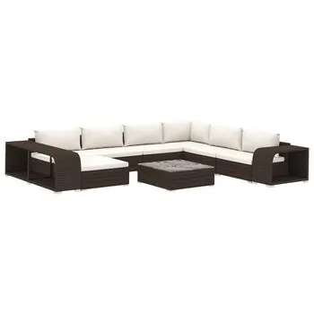   Set mobilier de grădină cu perne, 10 piese, maro, poliratan