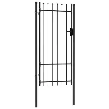  Poartă de gard cu o ușă, vârf ascuțit, negru, 1 x 2 m, oțel