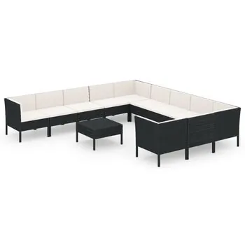  Set mobilier de grădină cu perne, 12 piese, negru, poliratan