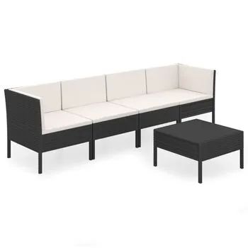  Set mobilier de grădină cu perne, 5 piese, negru, poliratan