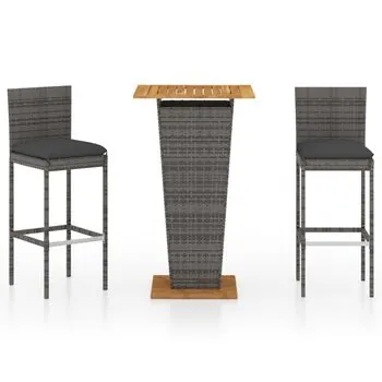  Set mobilier bar de grădină, cu perne, 3 piese, gri, poliratan