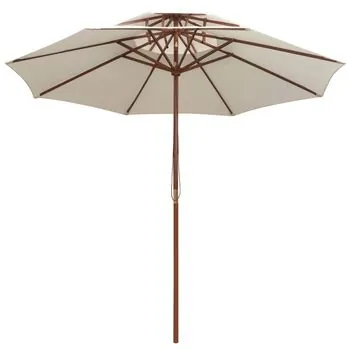  Umbrelă de soare dublă, 270x270 cm, stâlp de lemn, alb crem