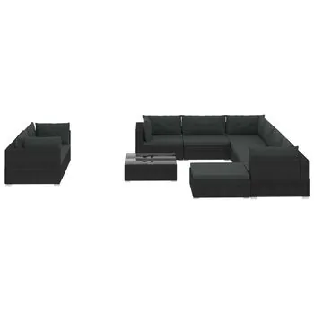  Set mobilier de grădină cu perne, 10 piese, negru, poliratan