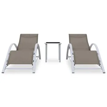  Șezlonguri de plajă, 2 buc., cu masă, gri taupe, aluminiu